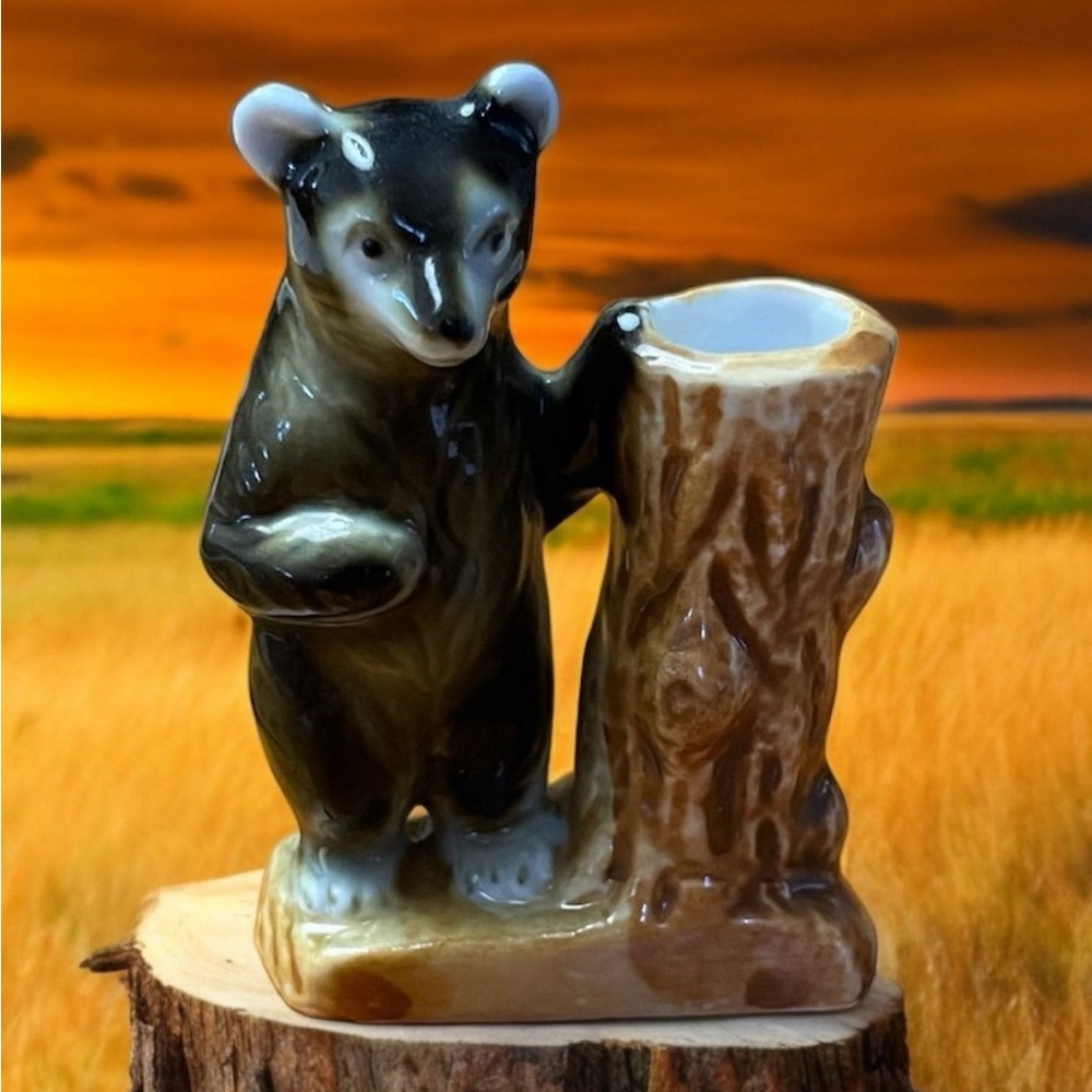 Vintage Bear & Tree Stump Ceramic Toothpick Holder Lomonosov Porcelain